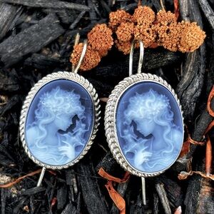 New! Flora Blue Agate Cameo Earrings, Silver